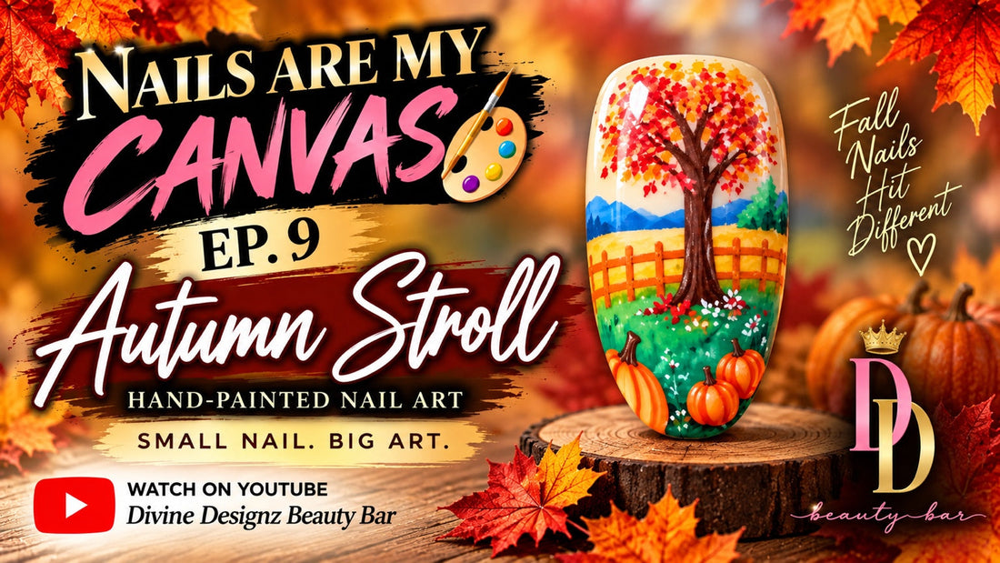 Hand-painted Autumn Stroll fall nail art by Brenda at Divine Designz Beauty Bar in Jacksonville NC